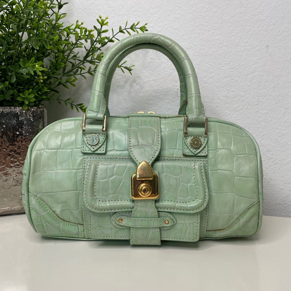 Aspinal of London Satchel Handbag Purse Green Croc Embossed Leather Gold Accents